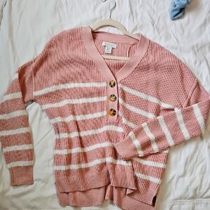 Pink Striped Button-Up Sweater